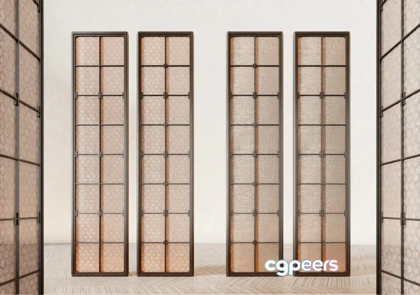 Four Tall Narrow Beige Metal-Framed Room Dividers 3D Model – 14757 – VRAY Render