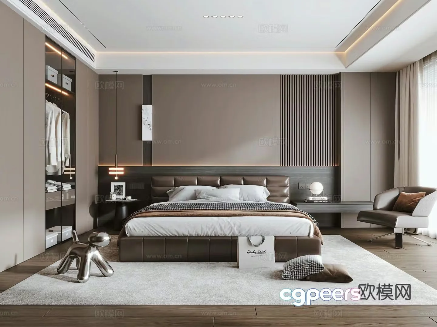 Italian light luxury bedroom leather double bed bedside table wardrobe bedside chandeliers leisure chair 3d model
