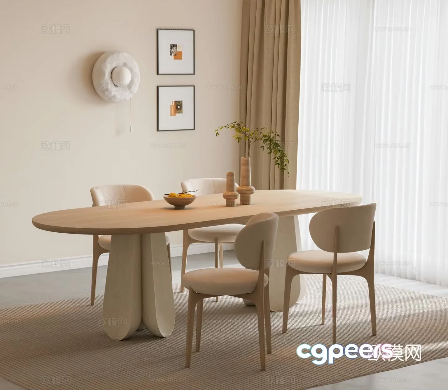 Modern cream style dining table and chair dining table and chair combination long dining table curtain single chair dining chair 3d model