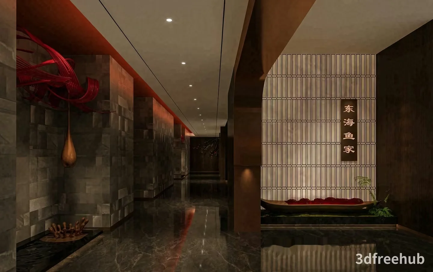 A Long Hallway With A Marble Floor And A Wall Featuring A Red Sculpture And 3D Model – 21976 – VRAY Render