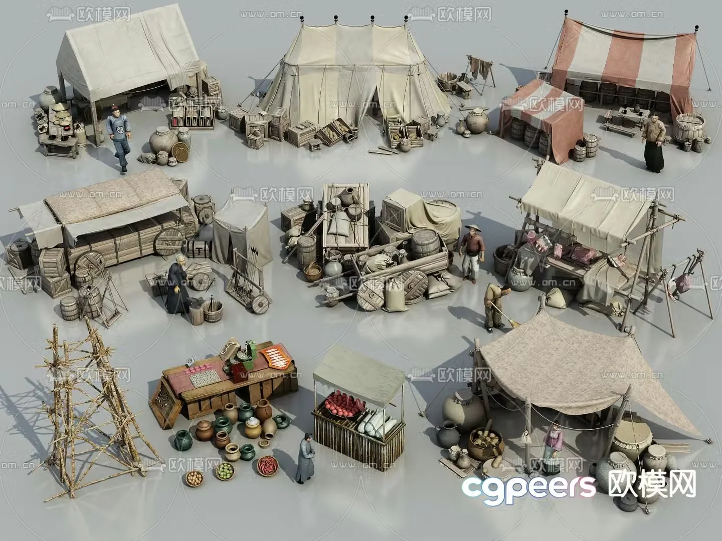 Ancient commercial street sketch ancient stall landscape 3D model