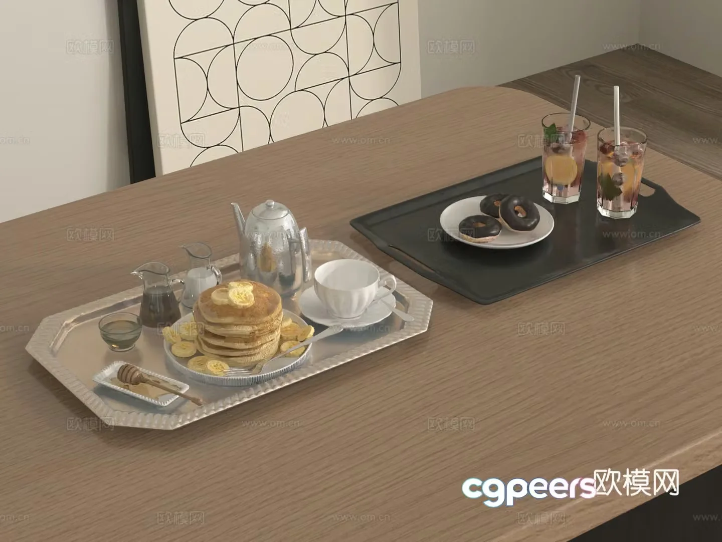 Dinner plate coffee pot coffee cup water cup tray dessert 3d model