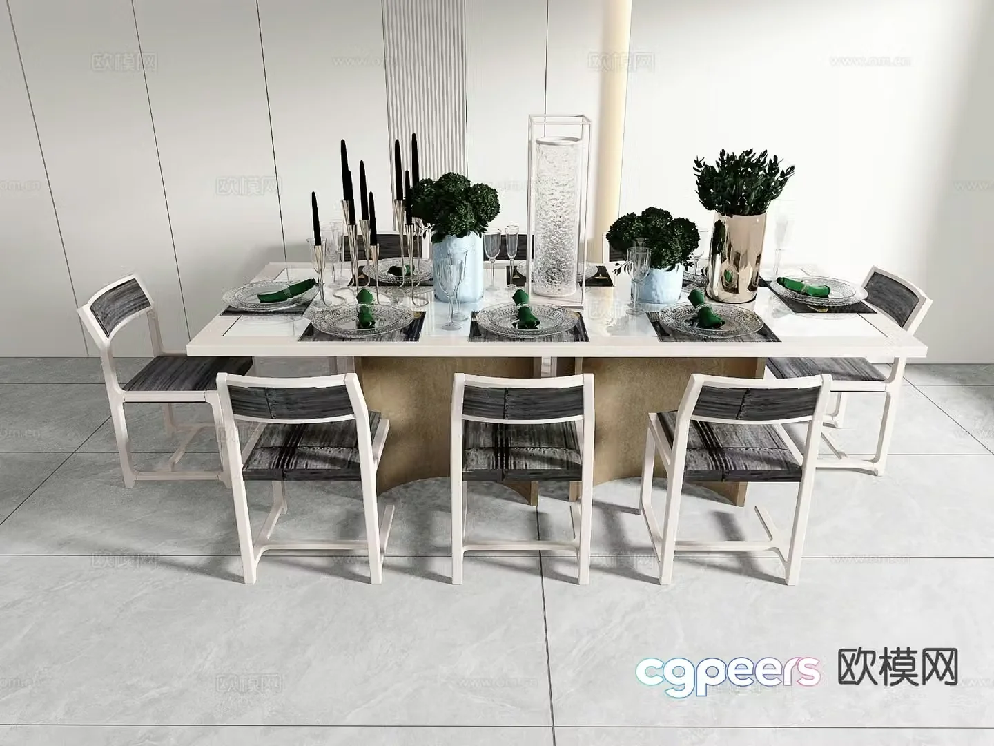 Light luxury dining table and chairs 3D model