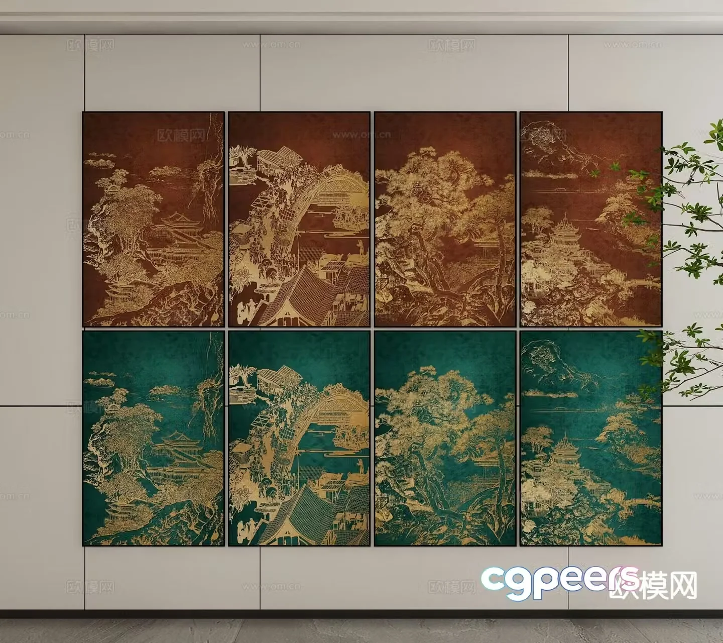 New Chinese style architectural painting decorative painting 3D model