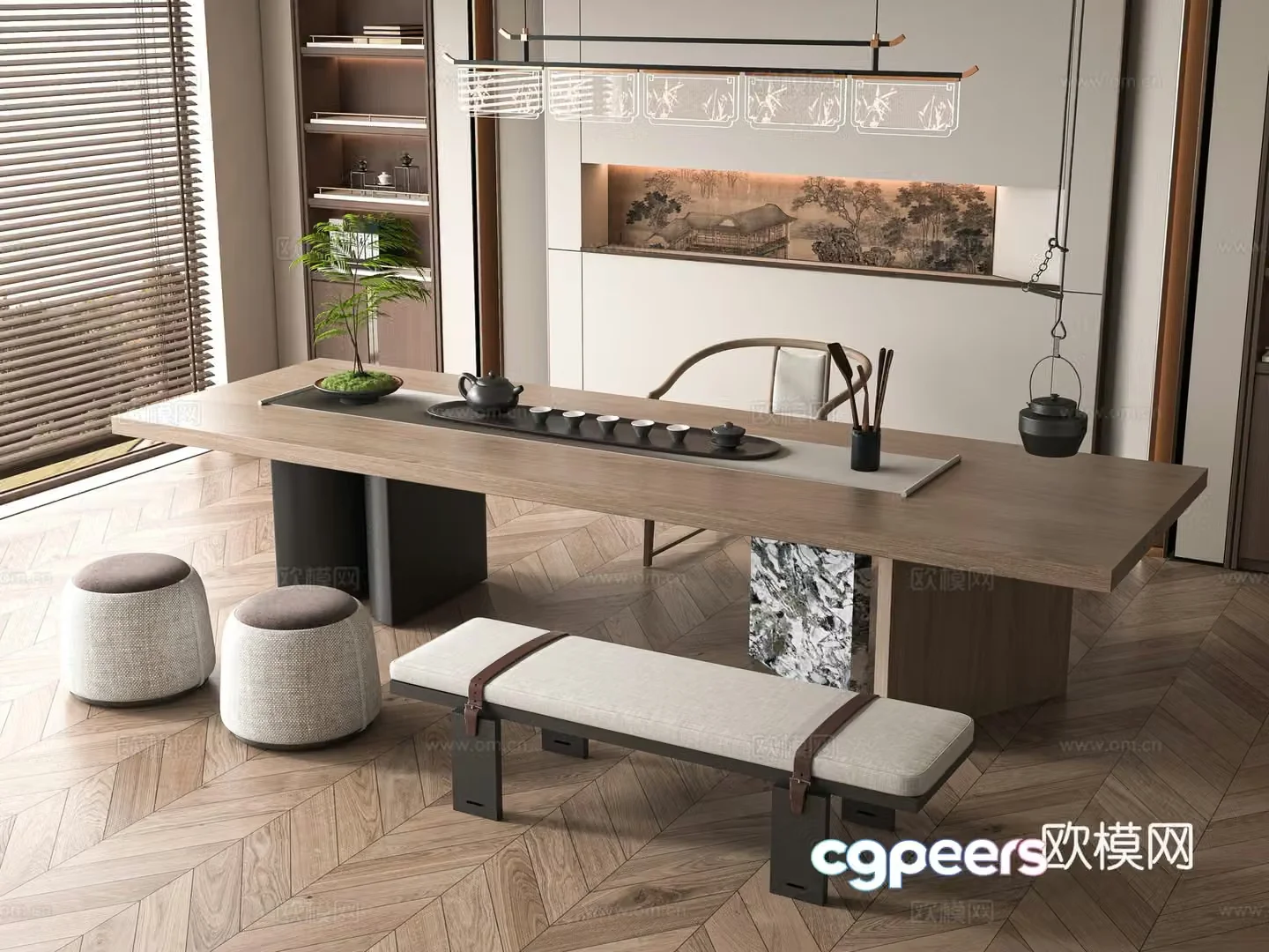 New Chinese tea table and chairs 3d model