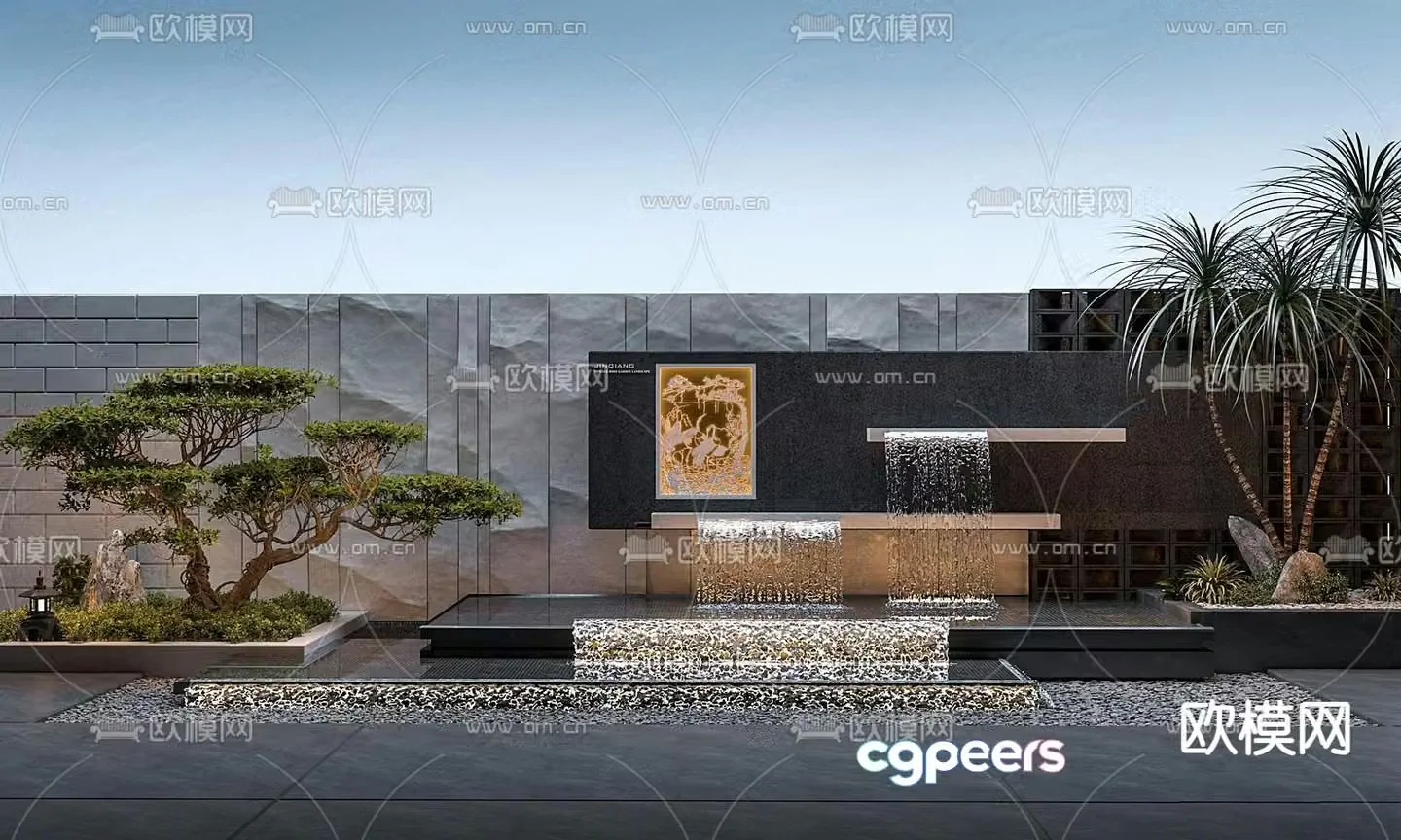 Courtyard landscape stacked water feature wall 3D model