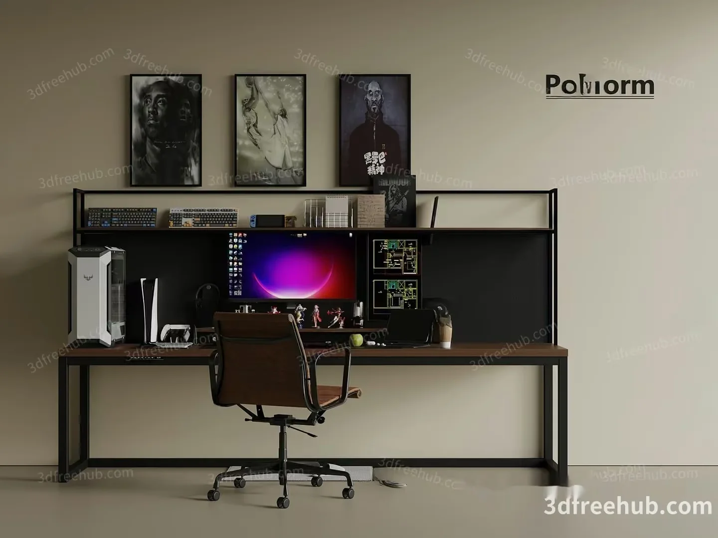 A Computer Desk With A Chair 3D Model – 22294 – VRAY Render