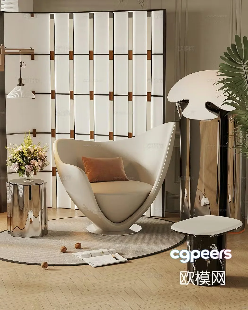 Modern Italian casual chair Light luxury Italian sofa chair Special-shaped leisure chair Egg-shaped sofa chair Flower art 3D model