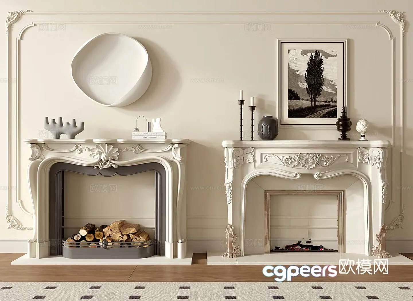 French retro fireplace marble relief carving stone sculpture 3d model