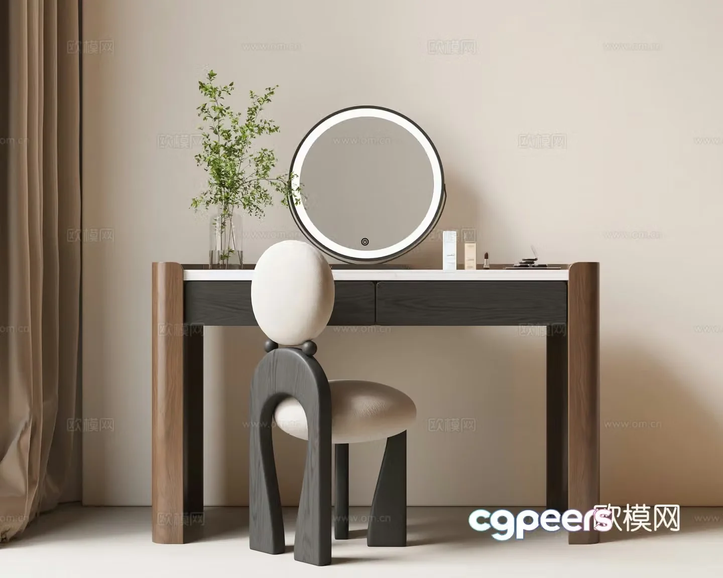Modern medieval dressing table dressing chair makeup mirror dressing table makeup stool combination green plant desktop makeup 3D model
