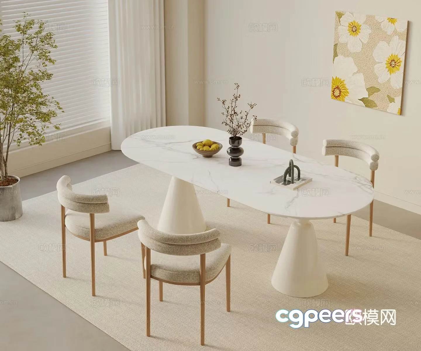 Cream style dining table and chairs 3d model