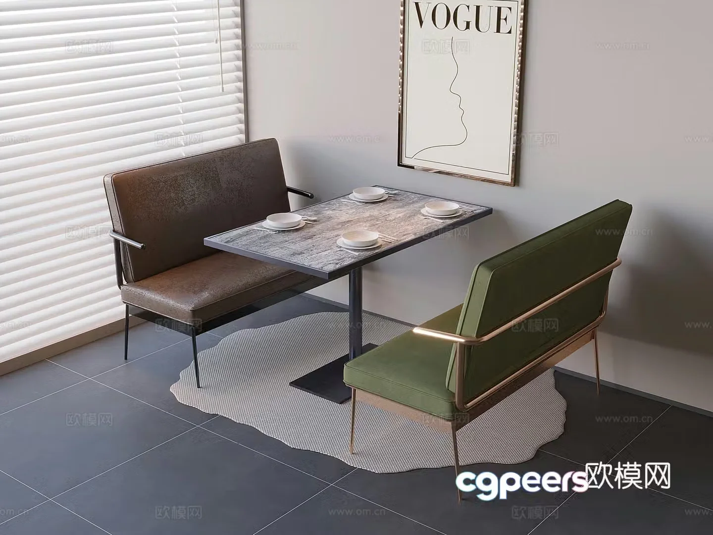 Restaurant booth soft bag sofa Cafe booth sofa Solid wood dining table 3D model