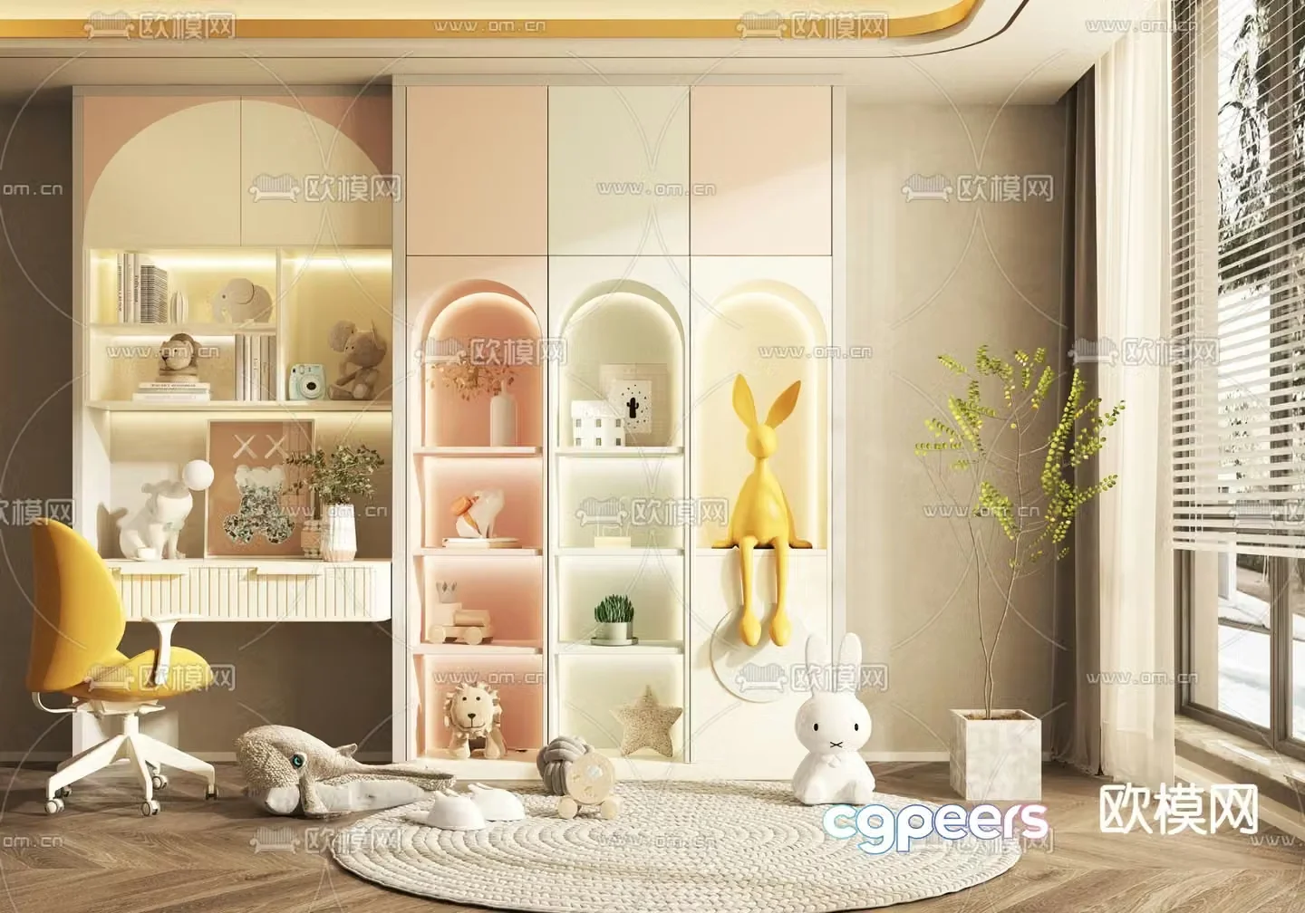 Cream style children’s desk chair bookcase 3d model
