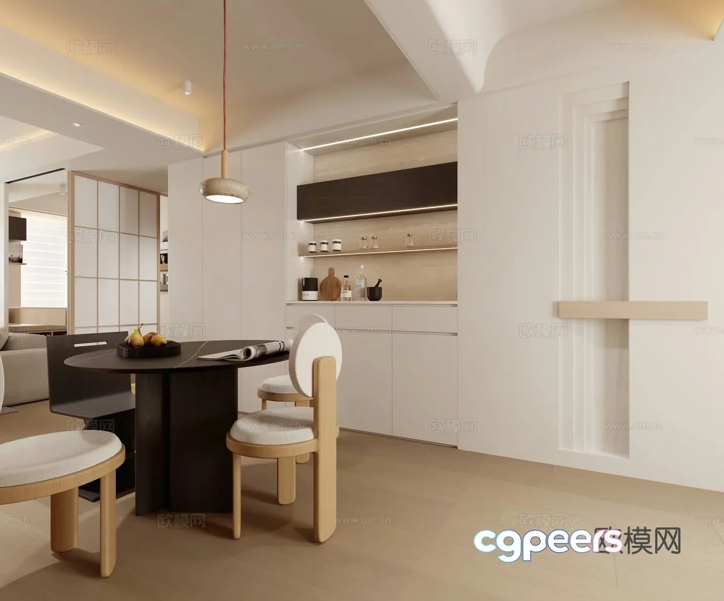 Modern Cream Living and Restaurant 3D Model