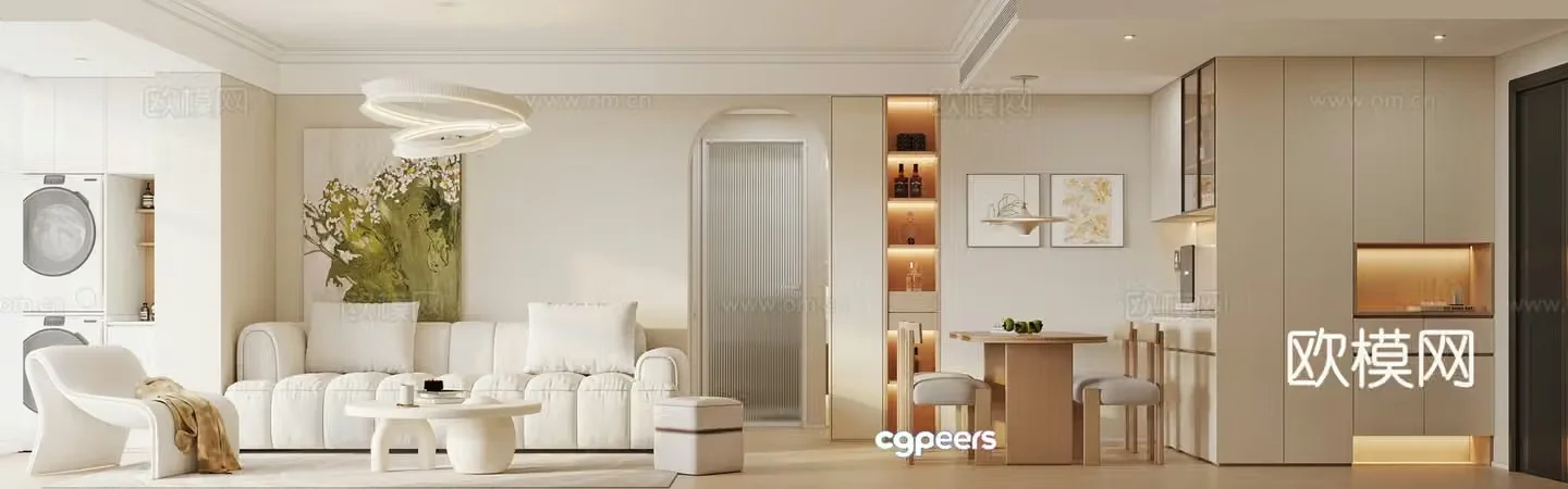 Modern Cream Living and Restaurant 3D Model