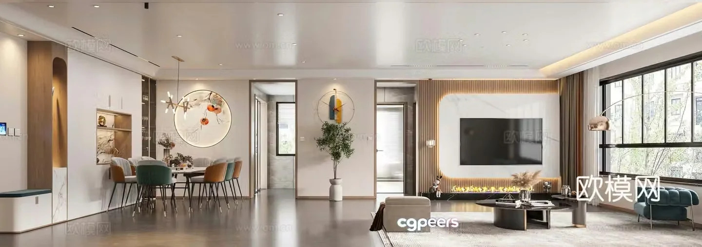 Modern living and dining room TV background wall Dining table Light luxury living room TV cabinet Leisure chair Coffee table 3d model