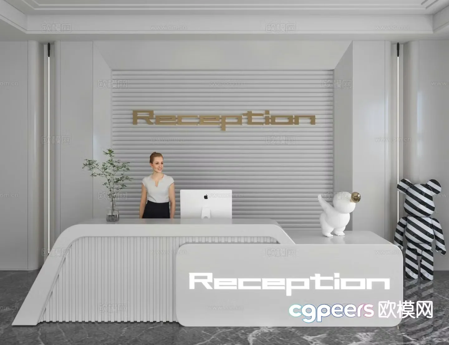 Modern front desk reception desk information desk office background 3d model