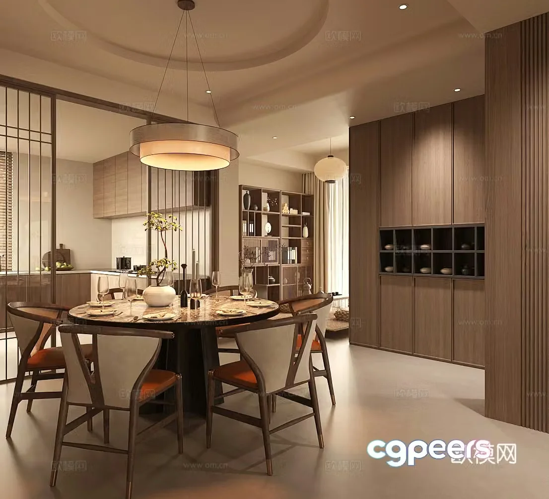 New Chinese-style Zen home dining medieval style restaurant solid wood dining table and chairs round table restaurant Song style aesthetic 3D model