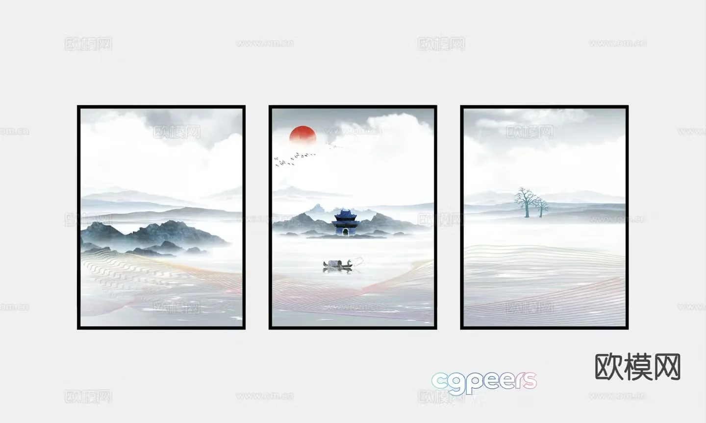 New Chinese style landscape painting decorative painting 3D model