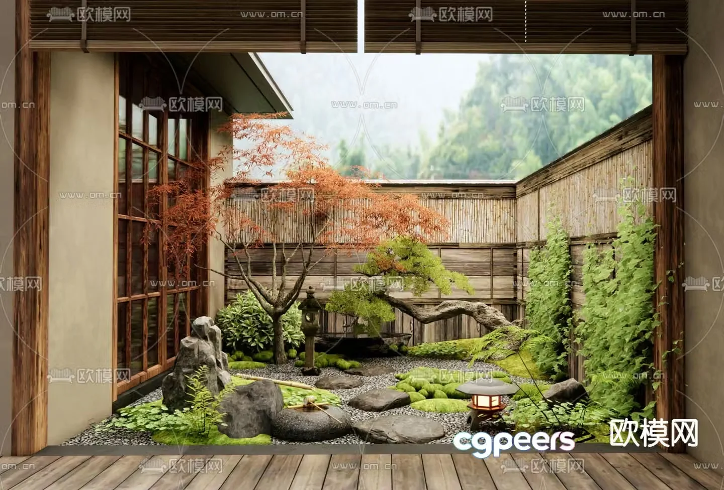 Japanese courtyard landscape Zen patio 3D model