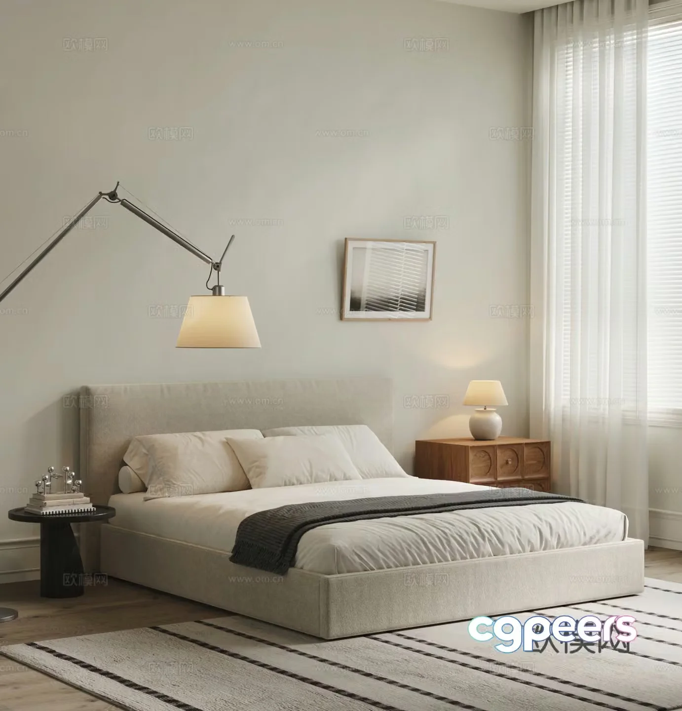 Modern cream style double bed bedroom bedding back bedding master bedroom bedding floor lamp 3d model