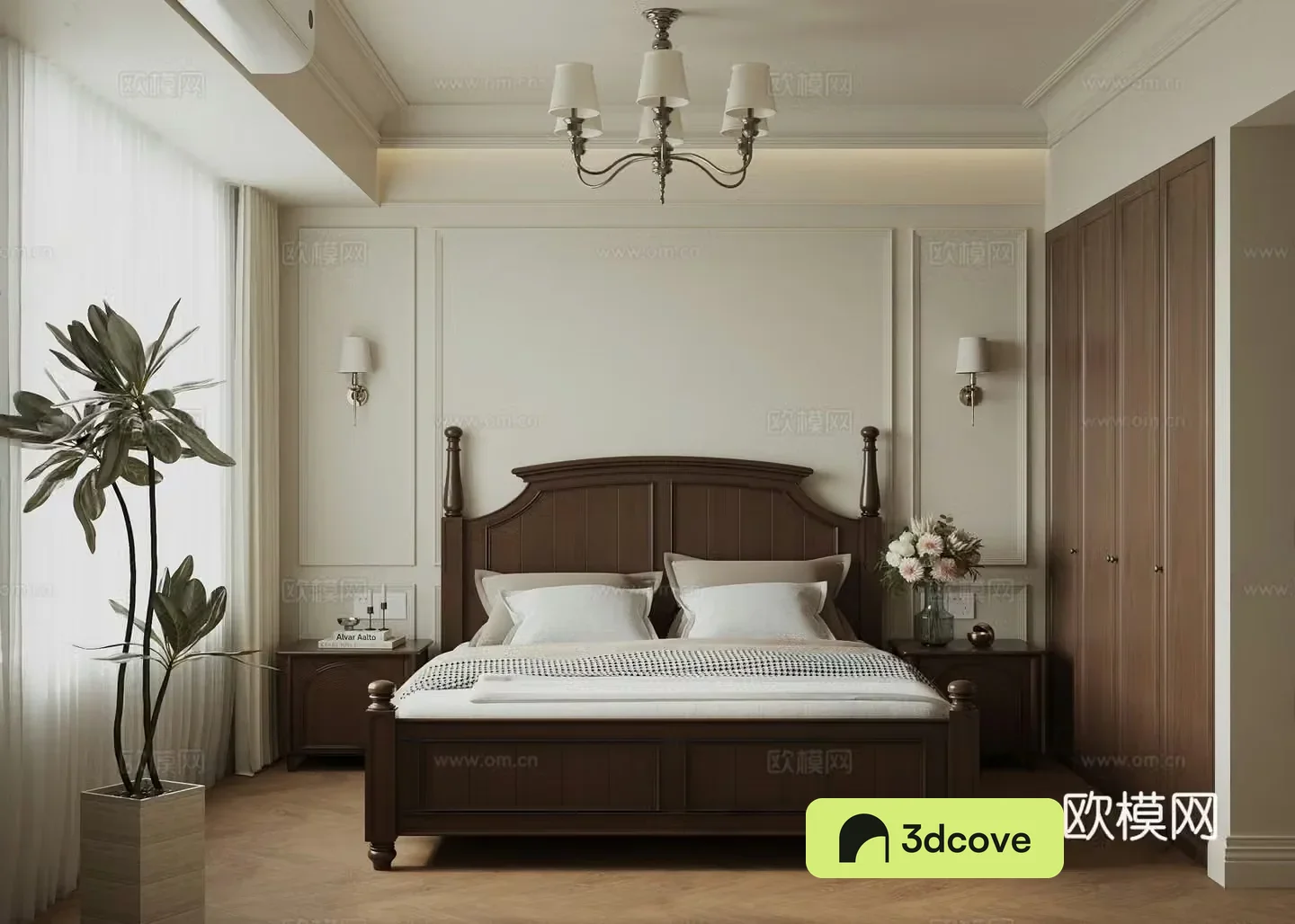 American French home bedroom double bed bedside background wall wardrobe potted plant bedside table hanging