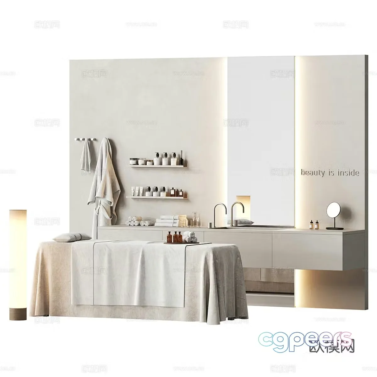 Modern spa 3d model with massage table and accessories