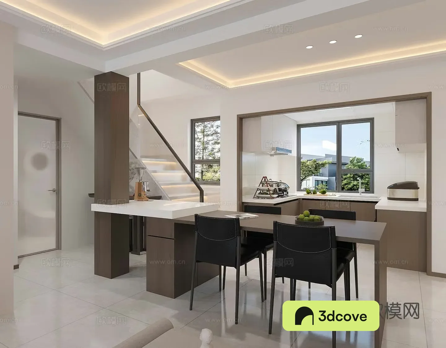 Modern restaurant island bar kitchen stairs