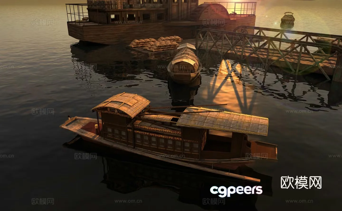 Retro Pier Red Boat 3d Model
