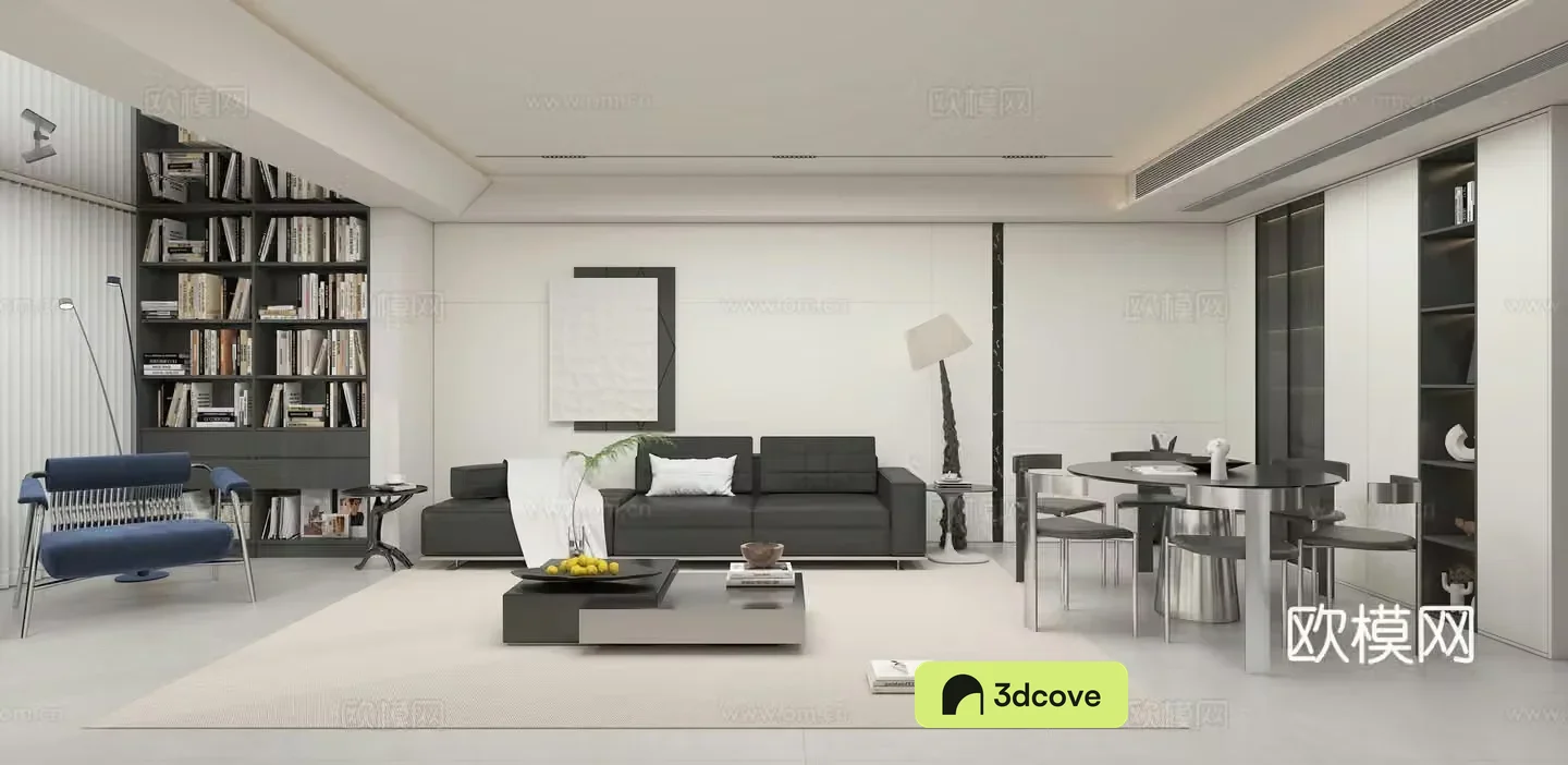 Modern minimalist living and dining room 3d model