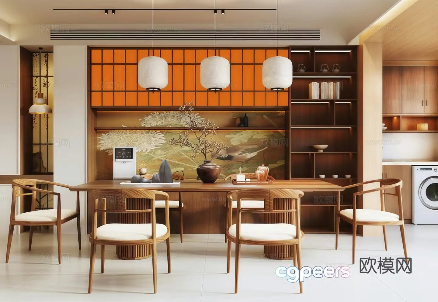 Song-style restaurant sideboard dining seat combination washing machine cabinet chandelier 3d model