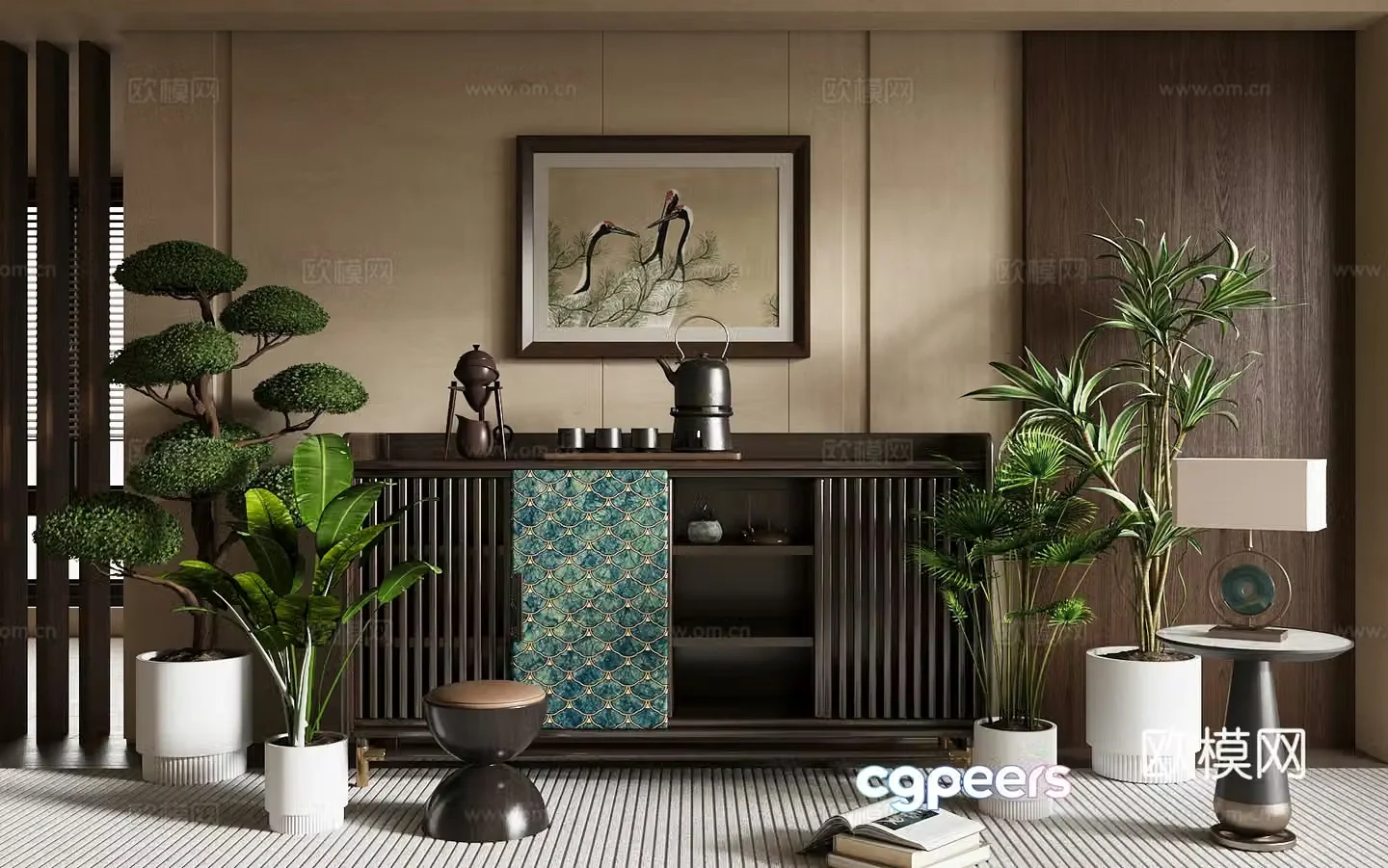 New Chinese style chest of drawers side cabinets ornaments combinations Chinese style hanging paintings floral green plants 3D model