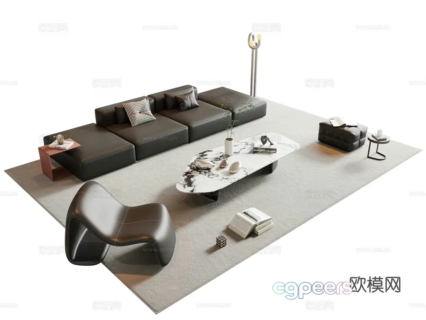 Italian sofa tea table combination Modular sofa Leather sofa Multi-person sofa Marble tea 3D model