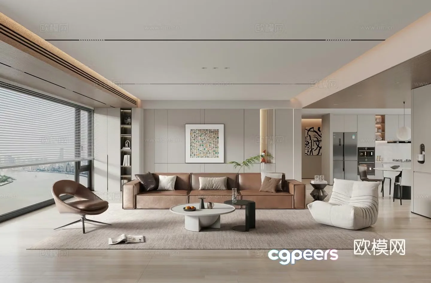 Modern home living room_sofa coffee table combination_single sofa_lazy sofa_potted plant_vase_3d model