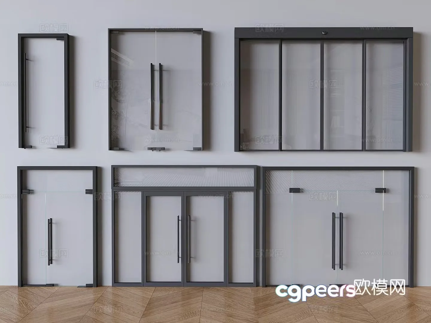 Store glass flat door coffee shop milk tea double door office glass double door 3D model