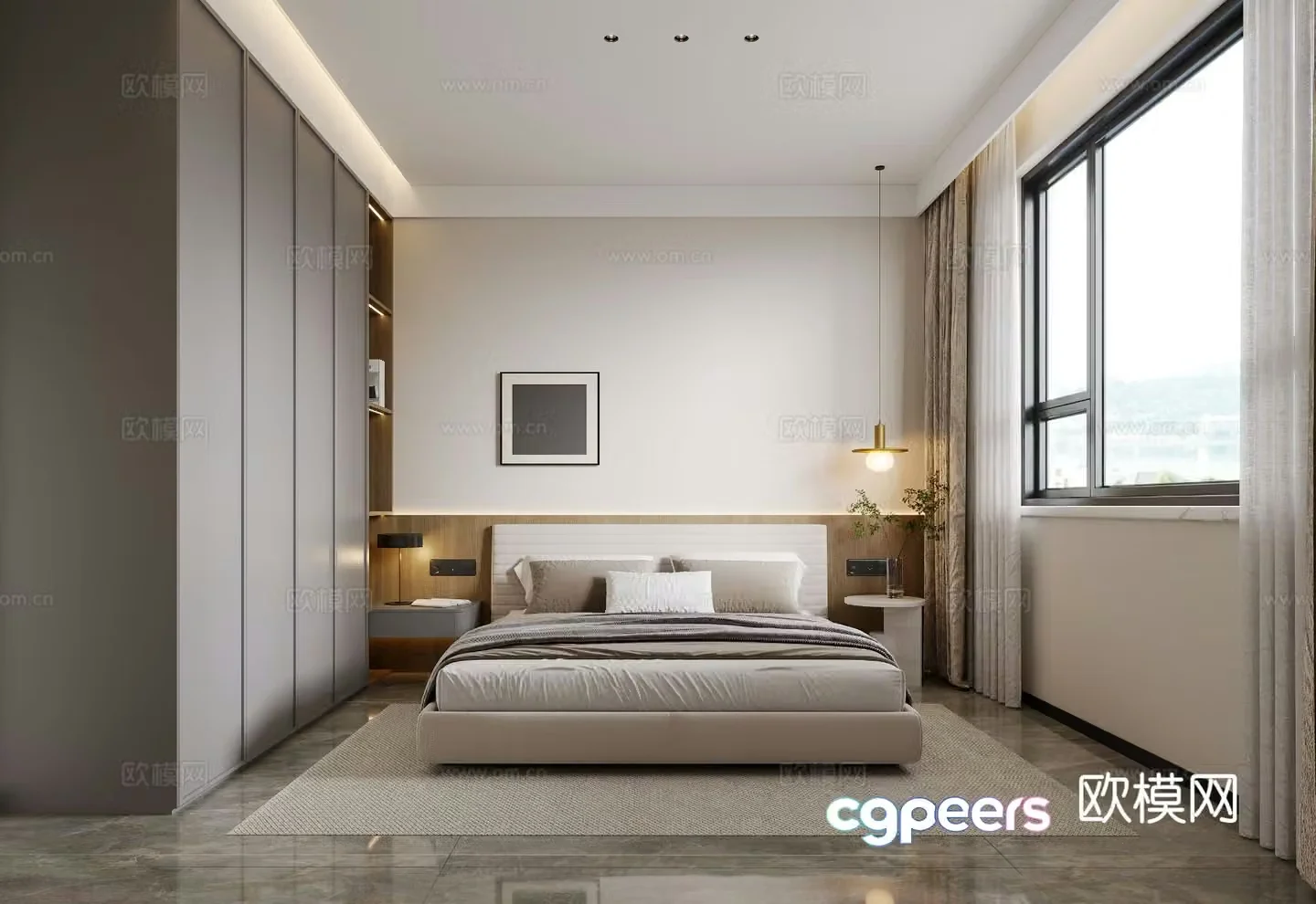 Modern minimalist bedroom Italian style bedroom Creamy bedroom Bedroom without owner lights Modern hanging painting 3D model