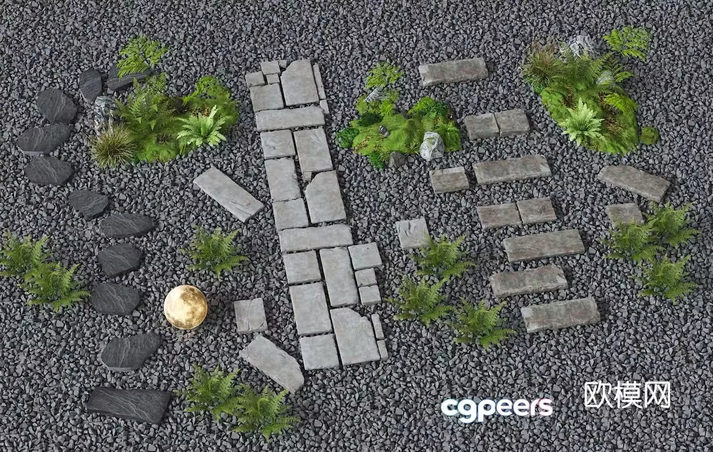 Bluestone slab Tingbu stone green plant landscaping 3D model