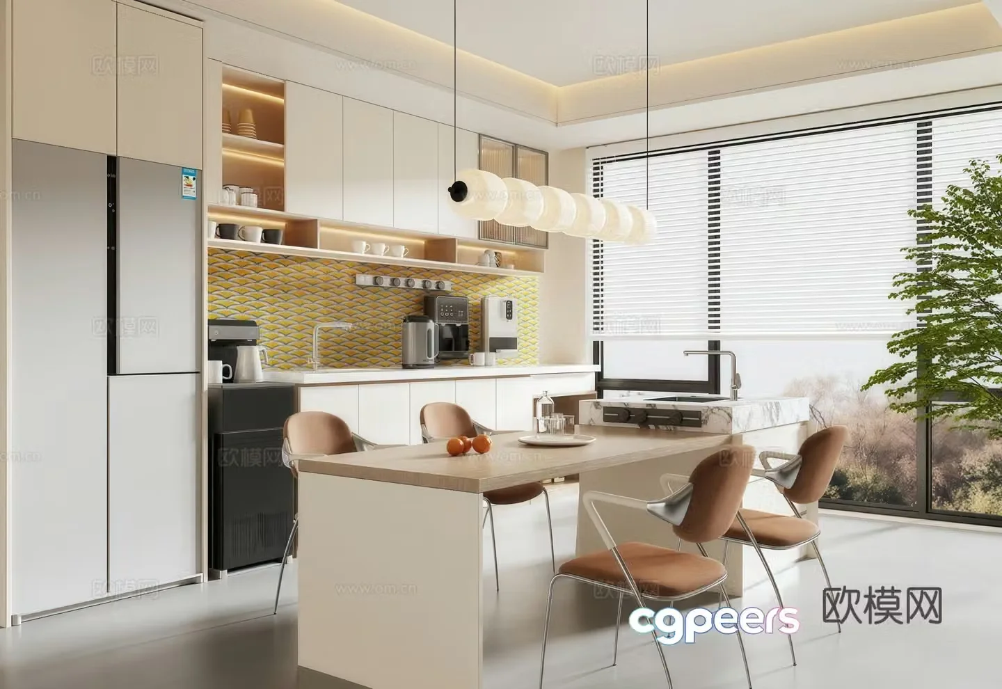 Modern creamy restaurant Island restaurant Refrigerator sideboard chandelier 3d model