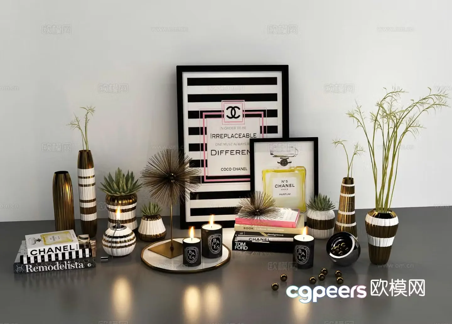 Modern furnishings books candlesticks decorations 3d model