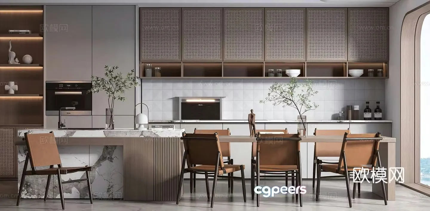 Modern restaurant island bar social hall open kitchen western kitchen integrated stove 3D model