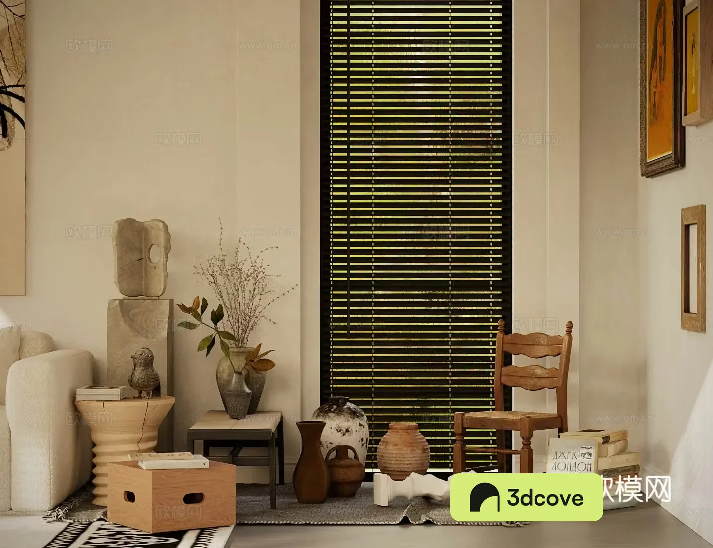 Medium style single chair wooden chair corner table clay pot 3d model