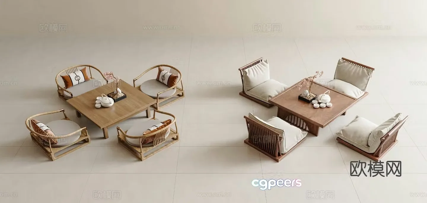 New Chinese style tatami tea table and chairs 3d model