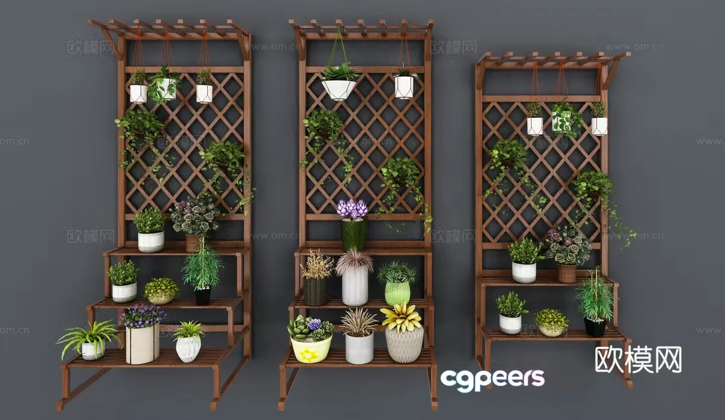Modern wooden trapezoidal flower stand potted plant combination 3D model