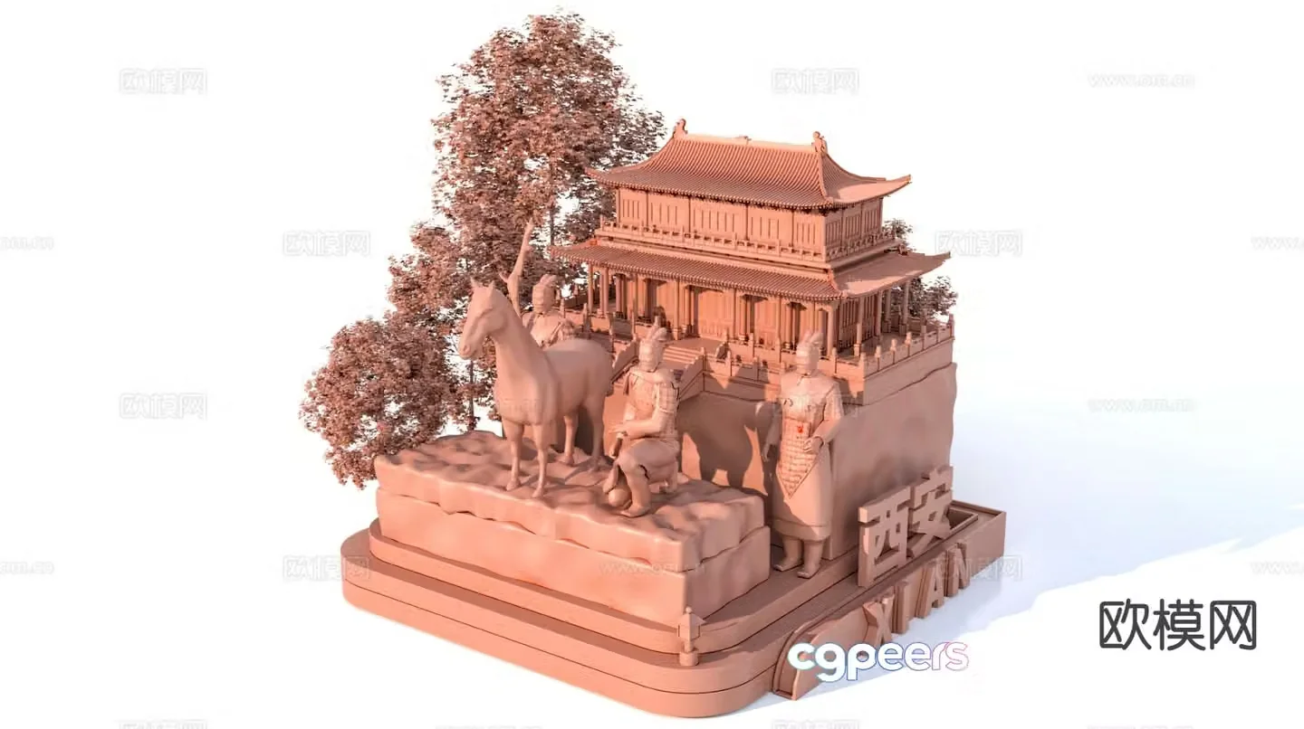 3D model of characteristic urban ancient buildings and scenic sculptures
