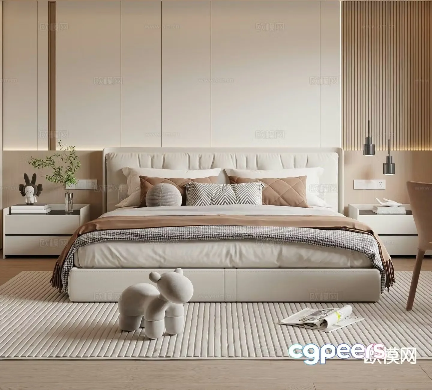 Cream style double bed 3d model
