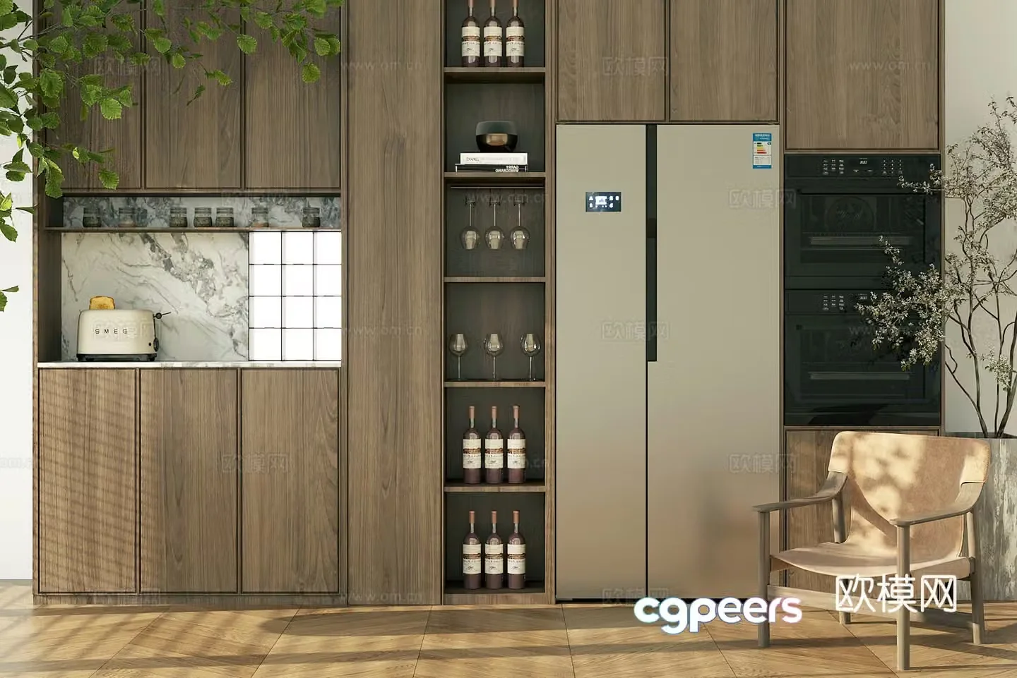 Log-style sideboard decorative cabinet oven sideboard finished sideboard glass wine cabinet refrigerator 3D model