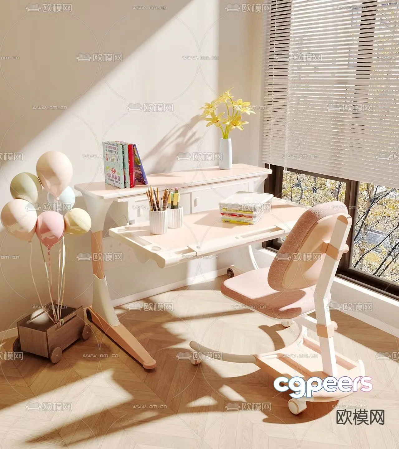 Cream style children’s table lift table study table 3d model