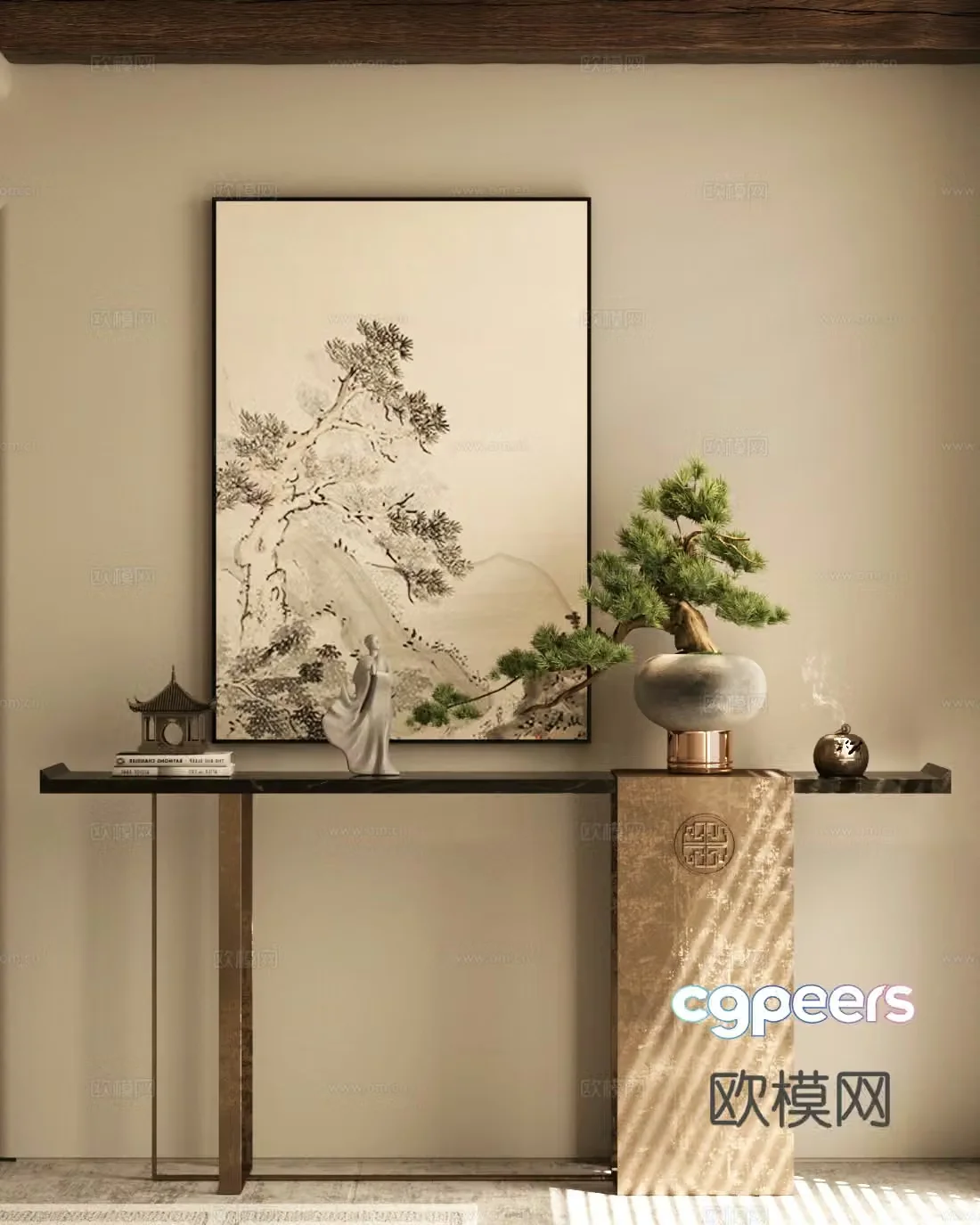 New Chinese style plan end view platform green plant potted plant 3D model