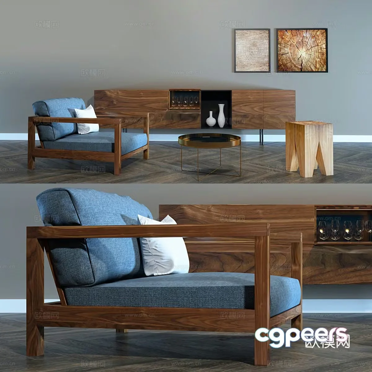 Living room sofa coffee table combination hanging painting rest area 3D model