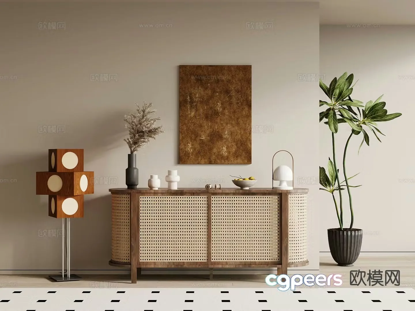 Wabi-sabi style rattan side cabinet side view cabinet entrance cabinet 3D model